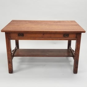 L & JG Stickley signed mission oak 1 drawer library table (some as seen- 2 extra pegs added, scratch
