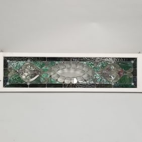 Antique stained glass transom window with jewels 17 1/2"H 64 1/2"W 2 1/4"D