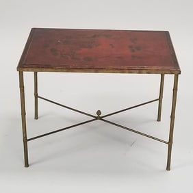 Chinese style metal side table with lacquer decorated top- 18 1/4"H 24"W 16"D