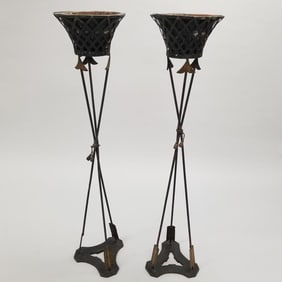 Antique French style neo classical tall jardiniere plant stands w/ arrow motif- 53 1/4"H 12"D