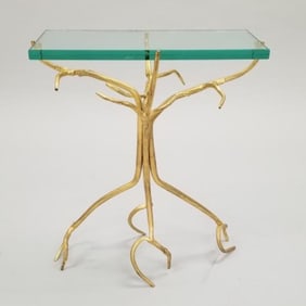 Gilt wrought iron branch form table with tempered glass top- 22 1/2"H 19"W 9"D
