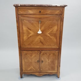 Antique continental inlaid wood drop front desk with marble top- 56"H 35"W 17"D