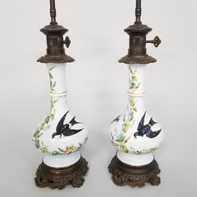Pair of antique painted porcelain oil lamps electrified (shades as is) 32"H 18 1/2" D including