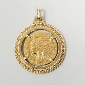 U.S. 1916 gold $5 Indian coin in 18k bezel: 14.3g total