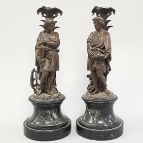 Pr antique bronze & marble figural candlesticks 15"H 6"W