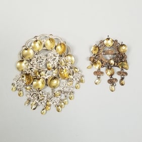 2 vintage silver Solje pins (.925 & .830): 2 1/4"W, 3 1/4" largest, 63g total