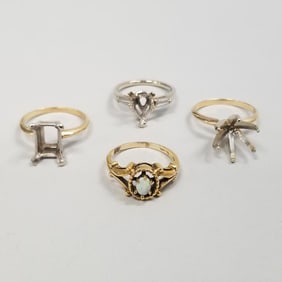 Four 14k gold rings incl 3 pronged settings- no stones & one opal ring: 11.4g total