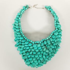 Handmade turquoise bead bib necklace: 546g, 4" drop at center, 18"L