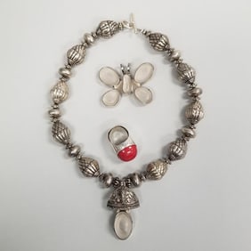3 pcs Rebecca Collins jewelry incl sterling silver & coral ring sz. 8, silver tone bead necklace, &