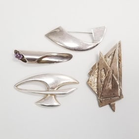 4 sterling silver modernist brooches incl signed Edna, Taxco, Zina: 82g total, 3 1/4" longest