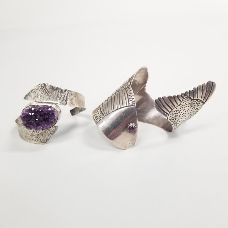 2 sterling silver bypass bracelets w/ amethyst accents: 115g total, 2 1/2" int diam (1 of 9)