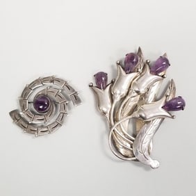 2 sterling silver & amethyst Taxco brooches- 1 marked Maricela: 63g total, 3 3/4" larger