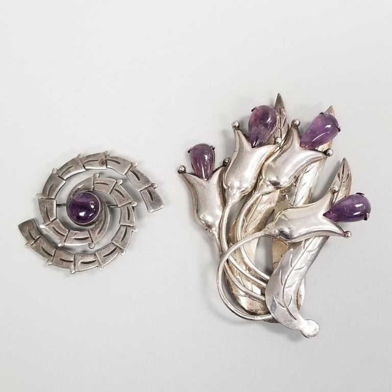 2 sterling silver & amethyst Taxco brooches- 1 marked Maricela: 63g total, 3 3/4" larger (1 of 8)