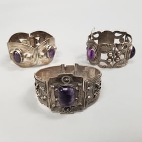 3 vintage Mexico sterling silver & cabochon amethyst bracelets: 195g total, 1 5/8" widest