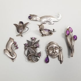 7 sterling & silver brooches s/w amethyst incl. signed Sigi: 70g total, 3" longest