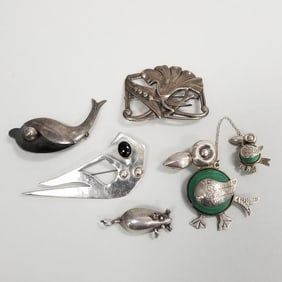 5 sterling silver figural pins- some s/w stones: 68g total, 3" largest