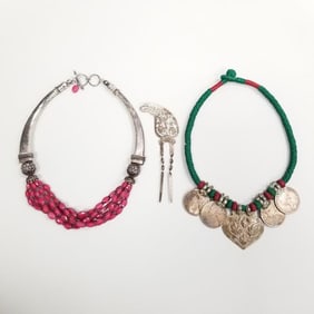 3 pcs ethnic jewelry incl sterling & ruby necklace, hair pin, & antique India coin necklace: 16"