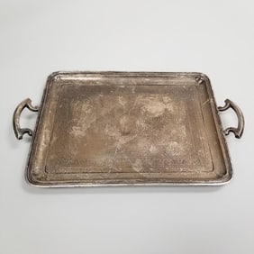 Antique hallmarked 800 silver tray marked Bachruch? 41 toz not incl wood supports: 20"L 12 3/4"W 2"H