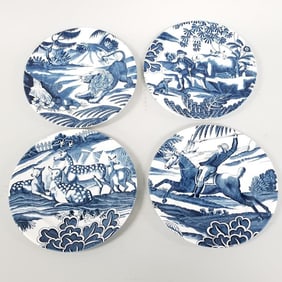 4 Tiffany Menagerie blue & white plates by Johnson Bros for Tiffany & Co. 8" diam.