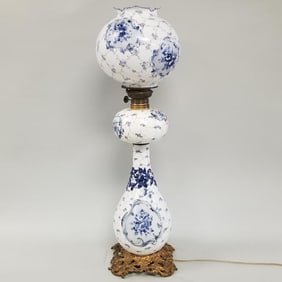 Antique blue & white scenic decorated glass oil lamp (converted) 32"H 10"W
