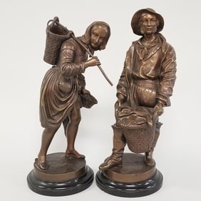 Pr antique bronze figures on stone bases: 11 1/2"T fisherman/ wife 6"W