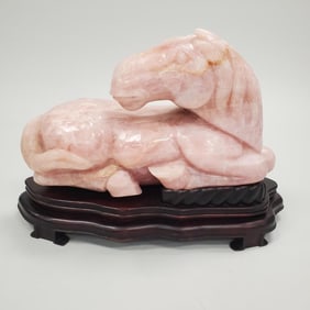 Massive Chinese carved rose quartz horse figure on wooden stand - 20"W x 15"H x 10"D including stand