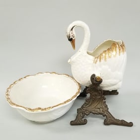 Antique Dunn Bennett & Co. swan pitcher on metal stand w/ bowl: 17 3/4" tallest, 18" widest, 14 1/2"