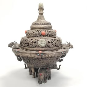 Sin-Mongolian silvered copper censer with carved hardstone plaques, etc. - 21" high x 18" wide