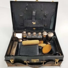 French sterling silver capped crystal valet set in leather case with 10 crystal pieces, inkwell,