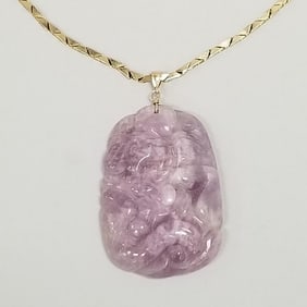 Carved lavender jade pendant on 14K Italy gold chain- 8.7 grams chain only- 2 3/8" L pendant