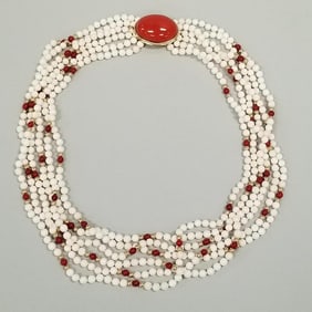 Coral bead necklace with 14K clasp & beads: 22 1/2"L, clasp 1 1/4"