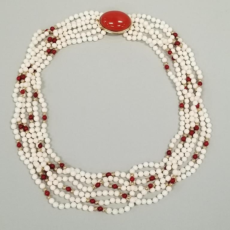 Coral bead necklace with 14K clasp & beads: 22 1/2"L, clasp 1 1/4": Coral bead necklace with 14K clasp & beads: 22 1/2"L, clasp 1 1/4"