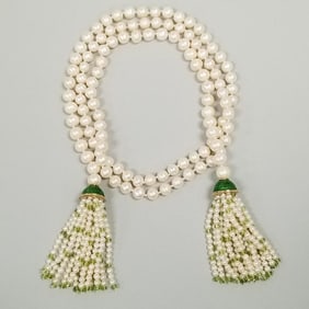 Tested 18K gold, enamel, pearl & peridot sautoir necklace- 50"L- 8.5 mm pearls