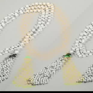 Tested 18K gold, enamel, pearl & peridot sautoir necklace- 50"L- 8.5 mm pearls: Tested 18K gold, enamel, pearl & peridot sautoir necklace- 50"L- 8.5 mm pearls