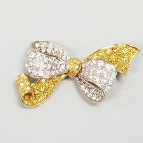 Platinum, 18K gold, natural white & yellow diamond bow pin- 7.9 grams- 1 1/2"L