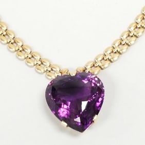 14K gold & large heart shaped amethyst pendant necklace- 48.5 grams- stone approx. 25x23mm- 15 1/4"L