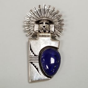 Bennie Ration (signed BR) sterling silver pendant/ brooch: figural kachina- set with lapis, 42