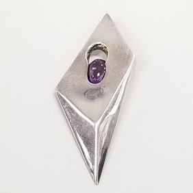 Antonio Pineda sterling silver & amethyst brooch: modernist, 27 grams, 3"L
