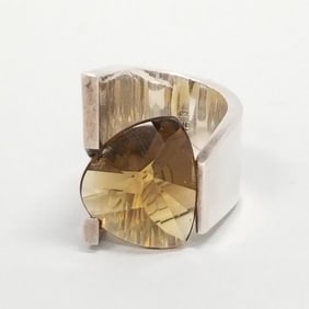 Signed BN sterling silver modernist ring set with fancy cut smoky quartz- 40 grams, approx. size 6