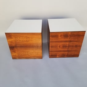 Pair rosewood Mid Century cubes with one laminate side (some wear) 16 3/8"H 16 3/8" square