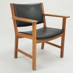 Hans Wegner oak armchair with black upholstery- 32"H 27 1/2"W 26"D