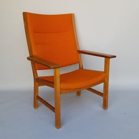 Hans Wegner large oak armchair with orange upholstery