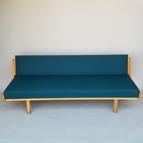 Hans Wegner for Getema oak sofa/ day bed- model GE7 with blue fabric- 30"H 77"W 34"D