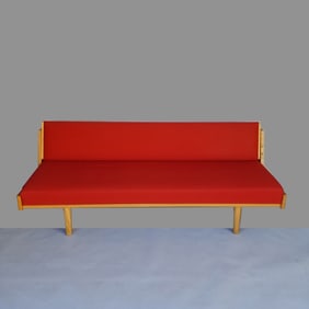 Hans Wegner for Getema oak sofa/ day bed- model GE7 with red fabric- 30"H 77"W 34"D