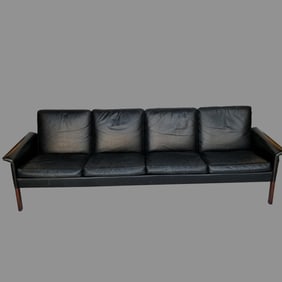 Hans Olsen leather upholstered sofa with rosewood legs  (used condition- some spotting to leather, e
