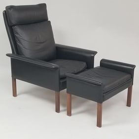 Hans Olsen leather upholstered high back lounge chair & ottoman with rosewood legs- 38"H 29 3/4"W