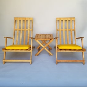 3 Borge Mogensen for Carl Hansen (unsigned) patio deck folding pieces: 2- BM5565 lounge chairs & a