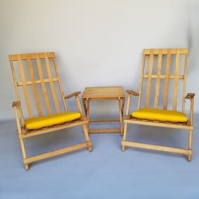 3 Borge Mogensen for Carl Hansen (unsigned) patio deck folding pieces: 2- BM5565 lounge chairs & a