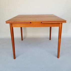 Teak draw leaf dining/ game table with reversible top- 28 1/2"H 36"W 36"D