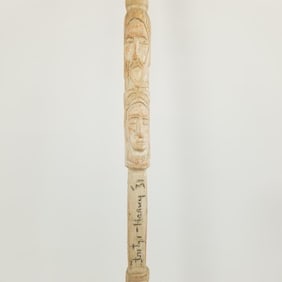 Mid Century figural carved wood cane w/ names & dates- 34 1/2"L